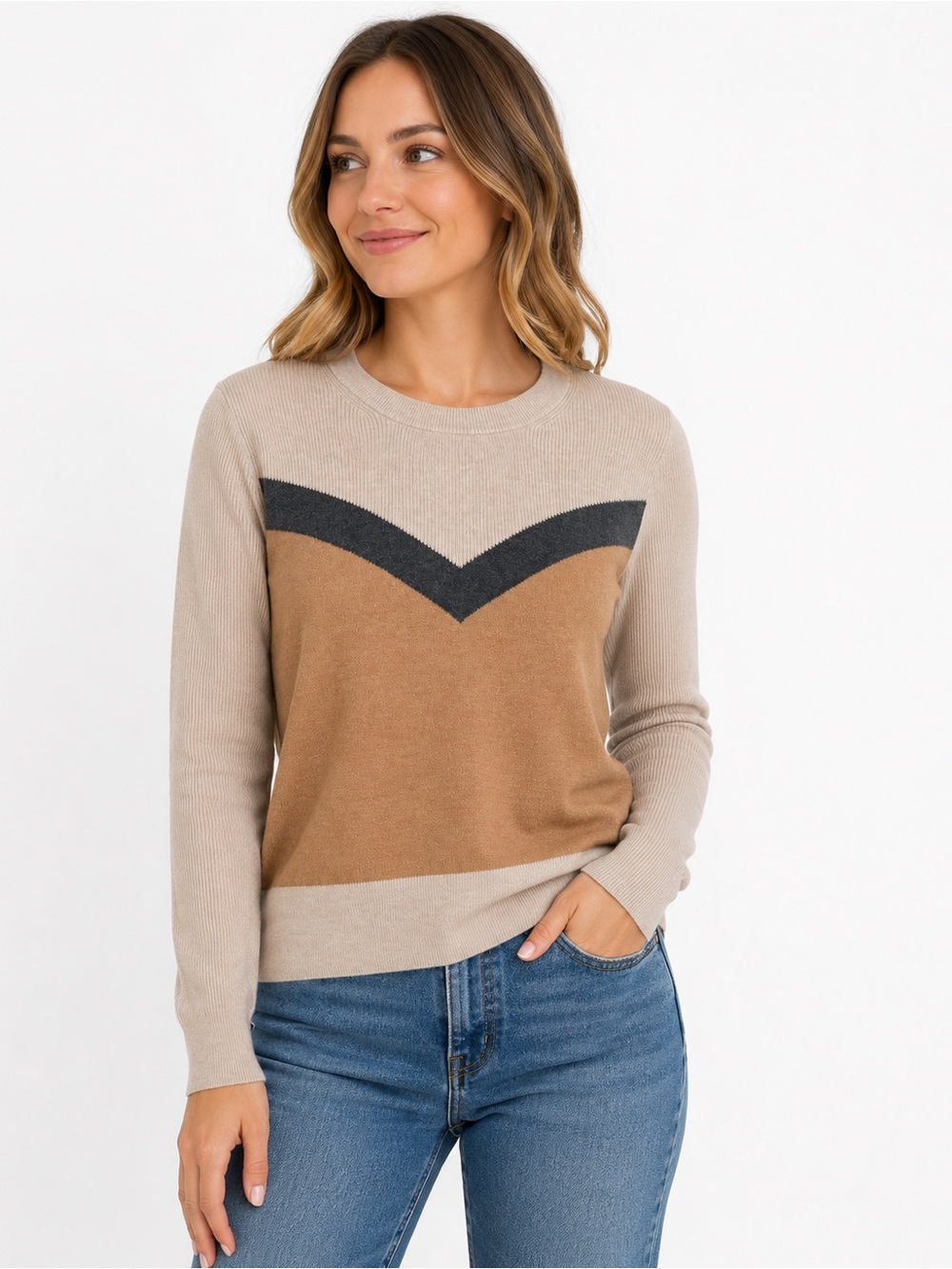 Banana Republic Colorblock Sweater Women’s Medium Beige Tan Rib Knit